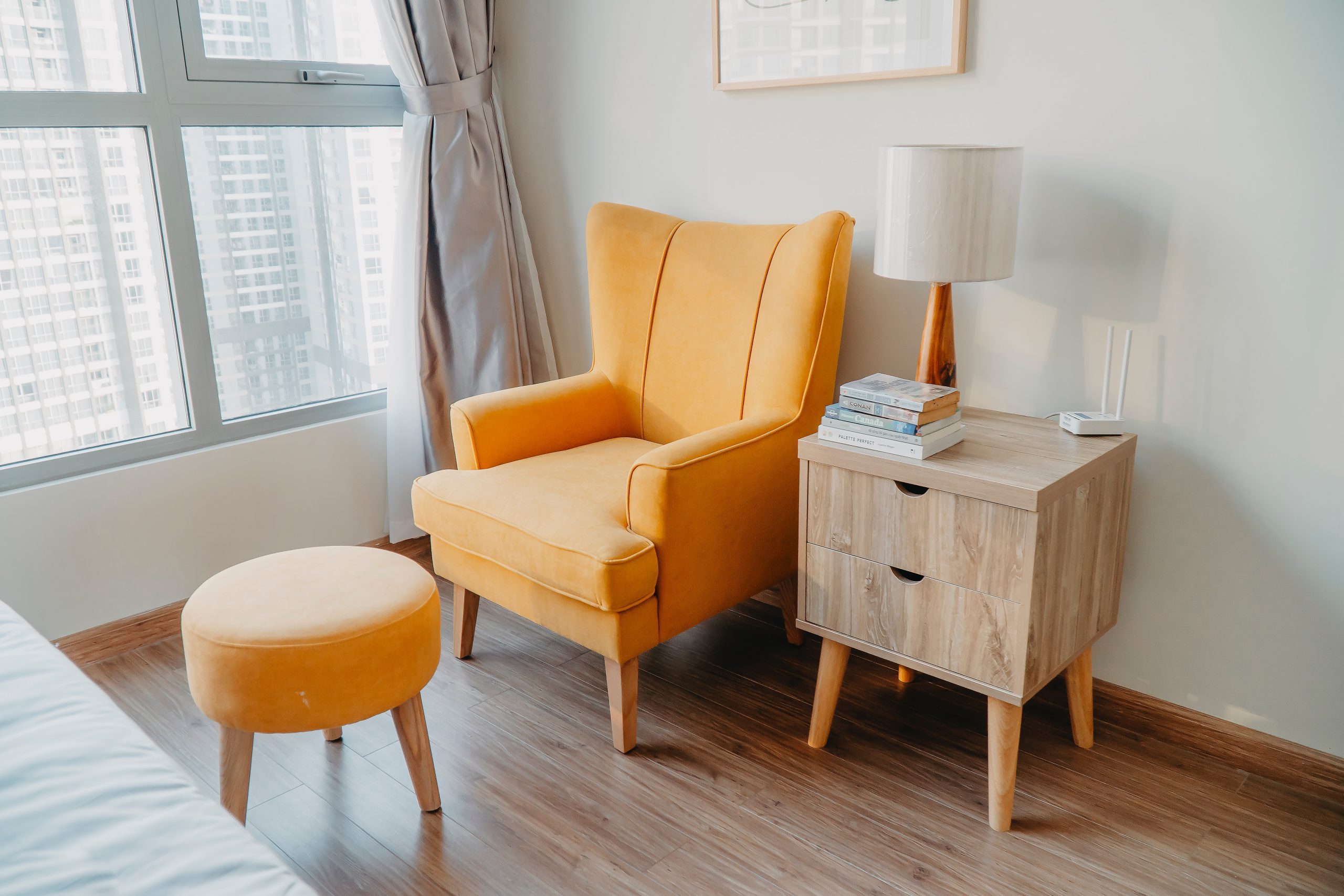 Yellow armchair and wooden side table