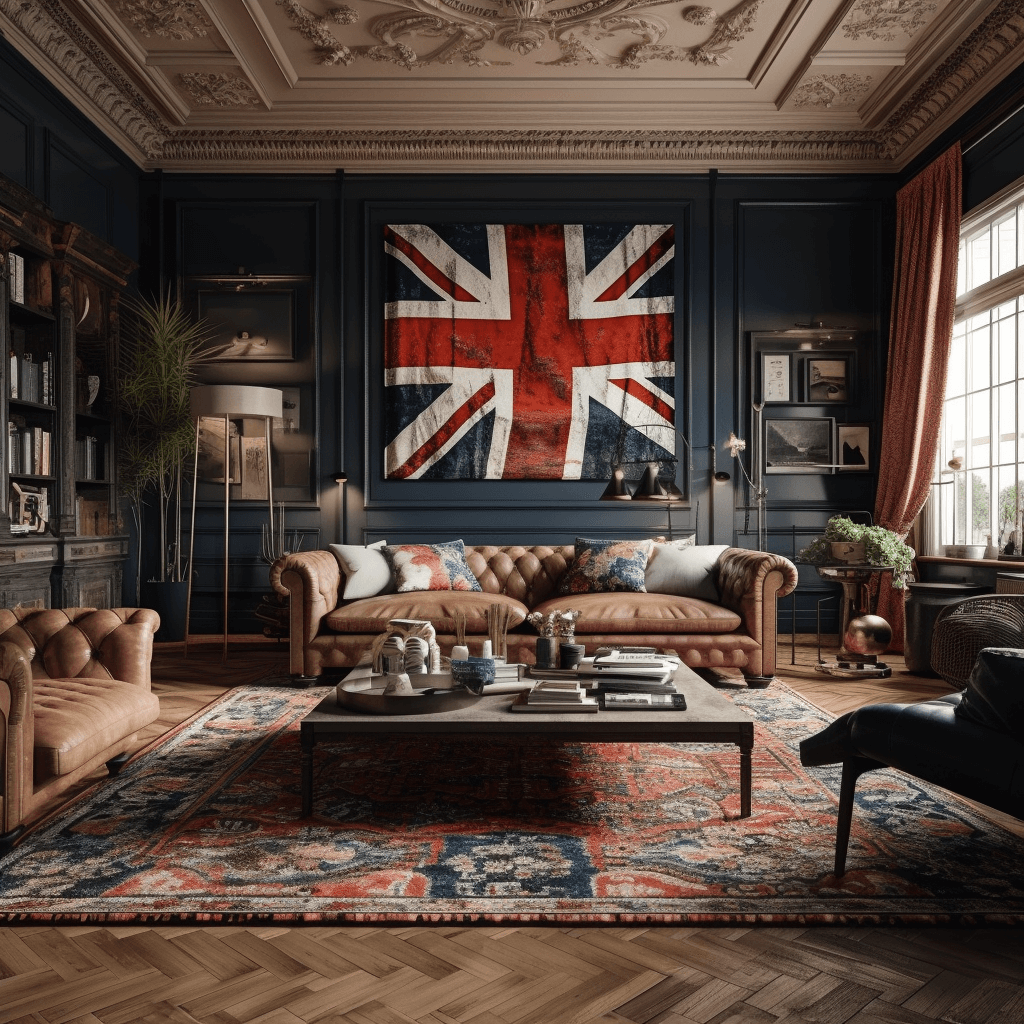 Large living room with a British flag