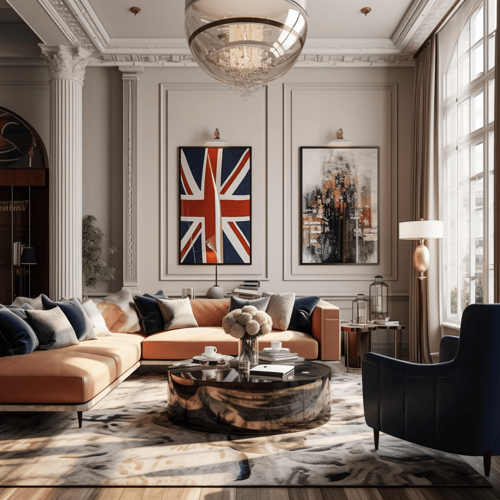 Modern living room with a British flag pinned on the wall